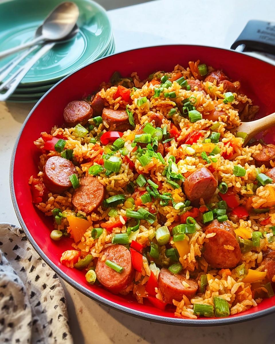 A vibrant Cajun Sausage and Rice Skillet filled with sliced sausage, colorful bell peppers, and green onions.