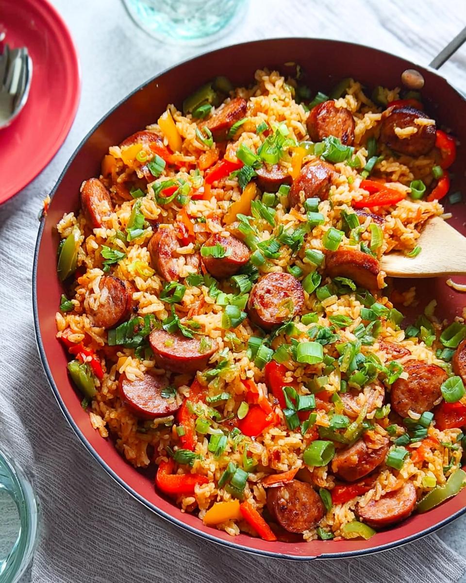 A close-up overhead view of a Cajun Sausage and Rice Skillet, brimming with sliced sausage, colorful bell peppers, and fluffy rice, garnished with green onions.