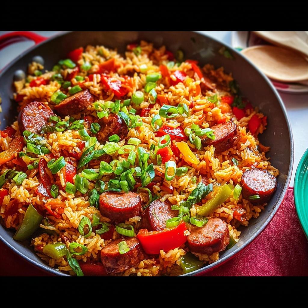 A close-up of a Cajun Sausage and Rice Skillet, featuring sliced sausage, rice, bell peppers, and green onions.