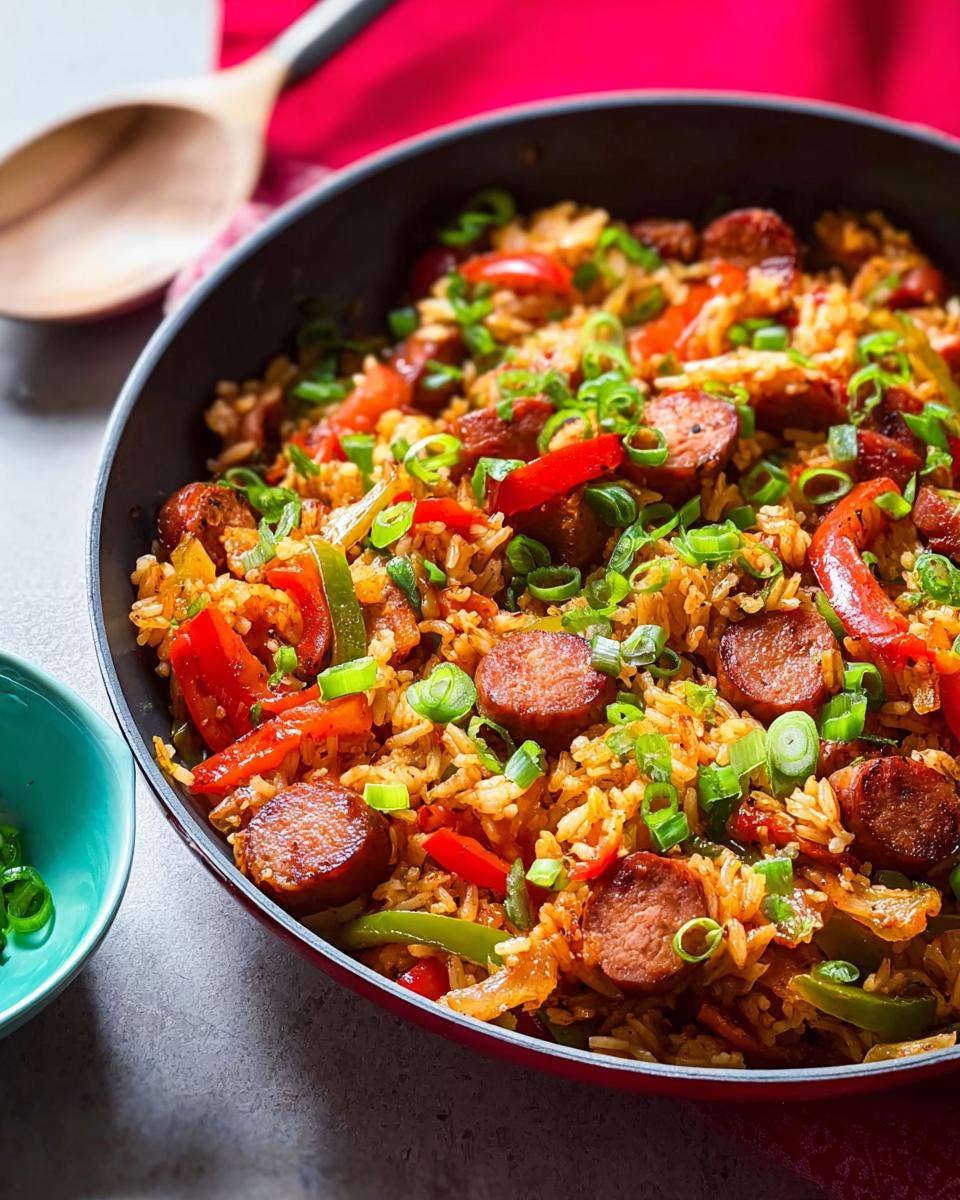 Close-up of a Cajun Sausage and Rice Skillet filled with rice, sliced sausage, bell peppers, and green onions.