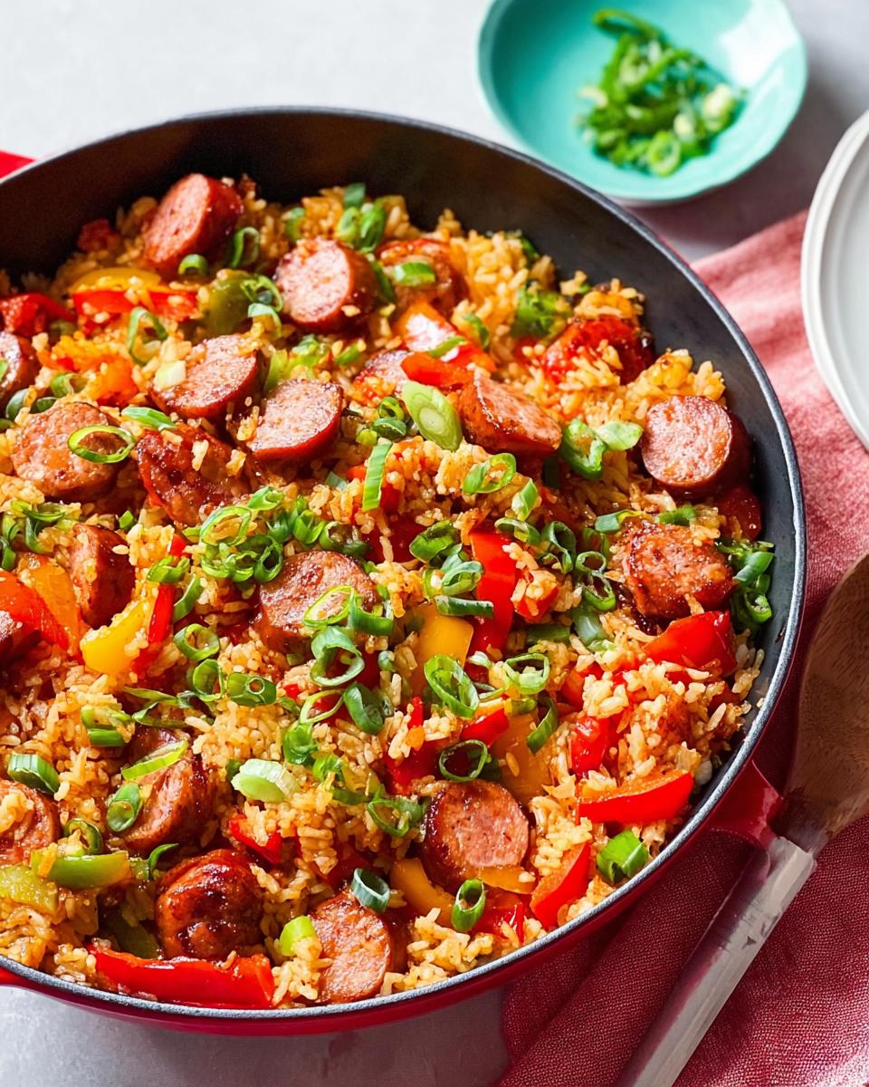 A close-up of a Cajun Sausage and Rice Skillet in a red pan, topped with green onions.