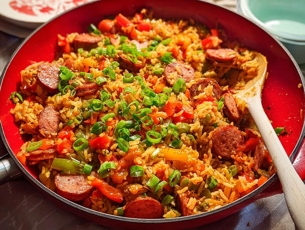 A vibrant Cajun Sausage and Rice Skillet in a red pan, topped with fresh green onions.