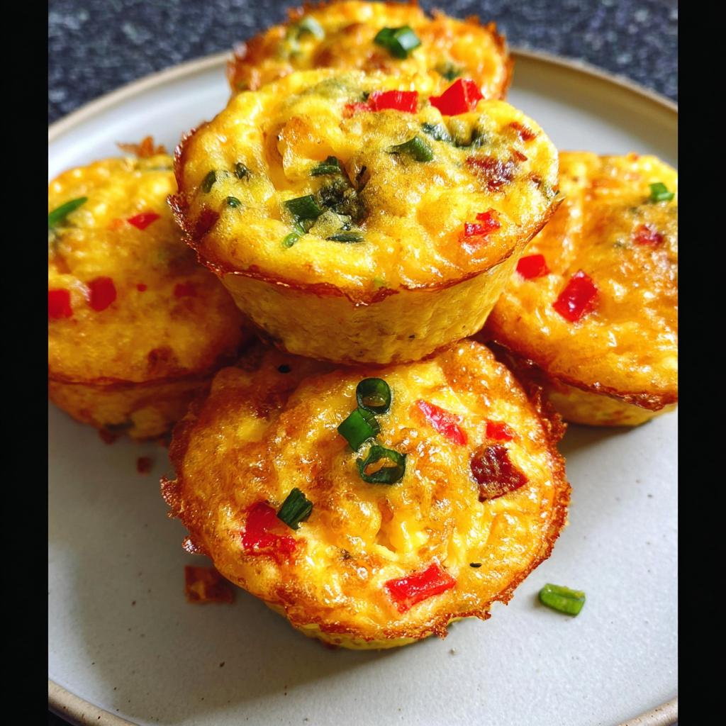 A stack of golden-brown Cheesy Muffin Tin Cottage Cheese Egg Bites topped with chopped green onions and red bell peppers.