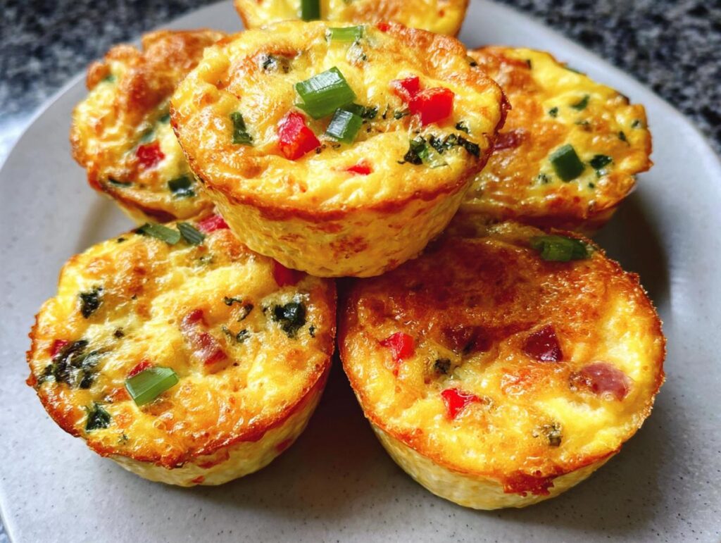 A close-up of golden-brown Cheesy Muffin Tin Cottage Cheese Egg Bites, studded with red peppers and green onions.