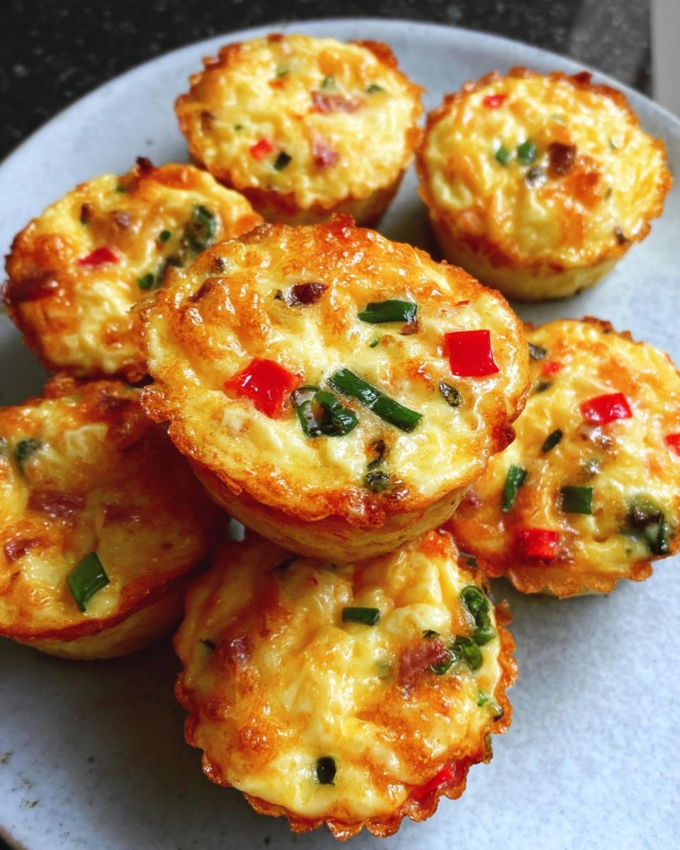 A close-up of several golden-brown Cheesy Muffin Tin Cottage Cheese Egg Bites, studded with red bell peppers and green onions.