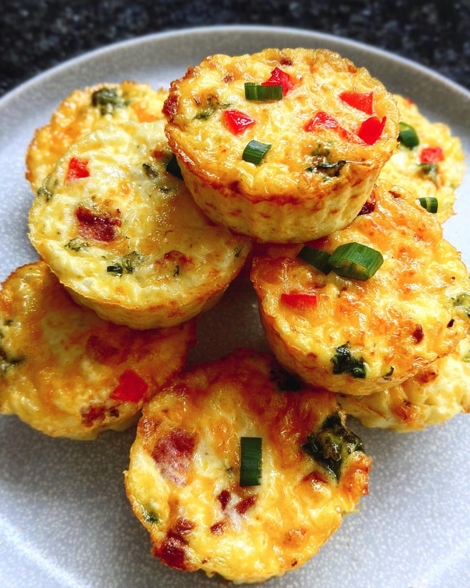 A close-up of a stack of Cheesy Muffin Tin Cottage Cheese Egg Bites, topped with diced red peppers and green onions.
