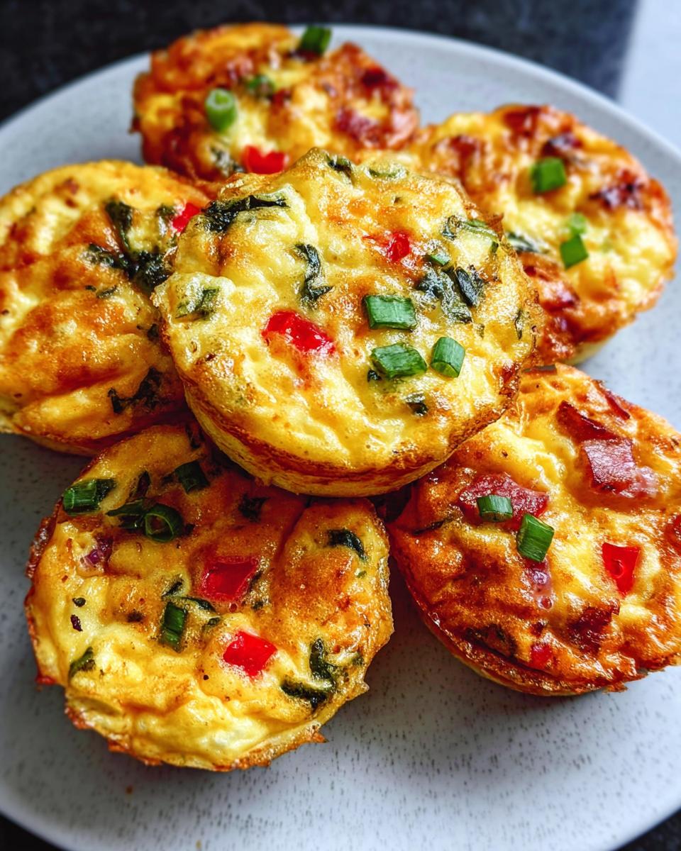 A pile of golden brown Cheesy Muffin Tin Cottage Cheese Egg Bites, topped with green onions and red peppers.