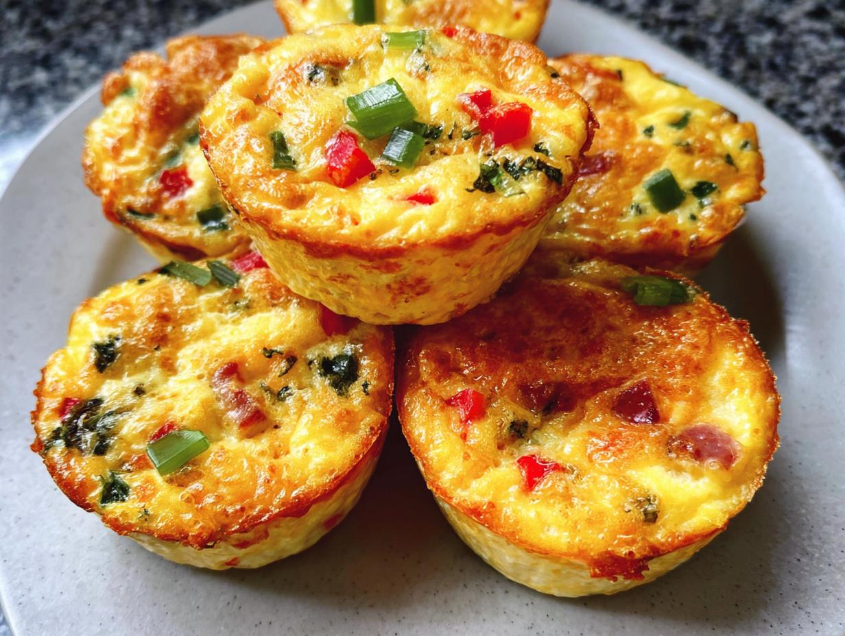A close-up of golden-brown Cheesy Muffin Tin Cottage Cheese Egg Bites, studded with red peppers and green onions.