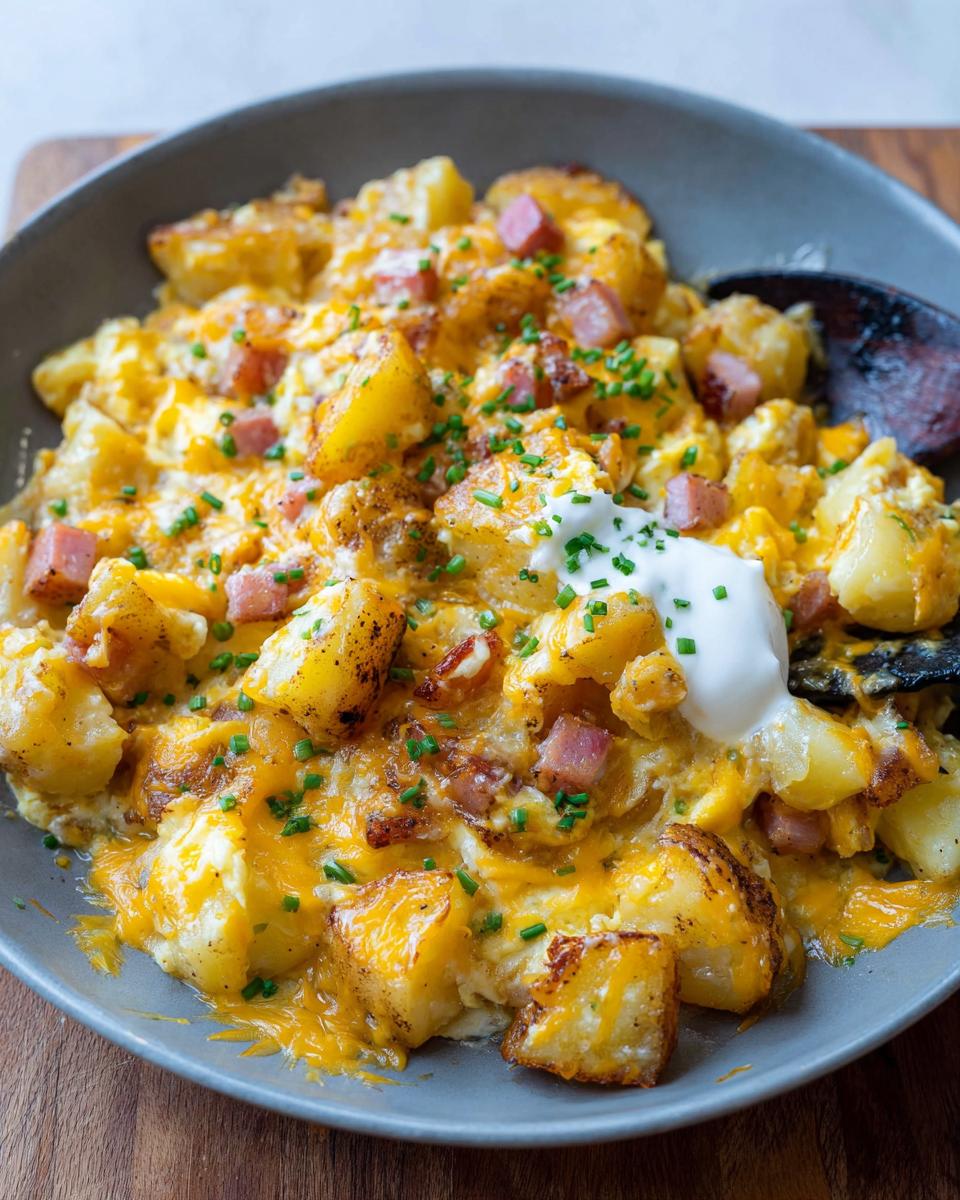 A bowl of Cheesy Potato Egg Scramble with chunks of potatoes, scrambled eggs, ham, melted cheddar cheese, and chives.