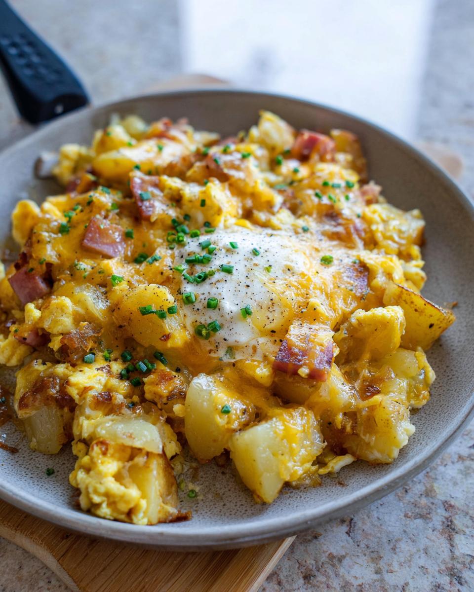 A close-up of a hearty Cheesy Potato Egg Scramble with chunks of ham and topped with chives.