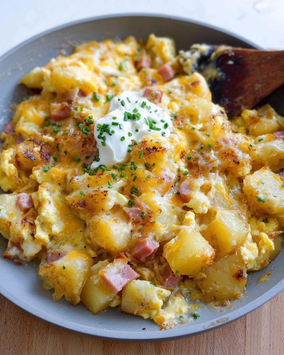A close-up of a Cheesy Potato Egg Scramble with chunks of potatoes, scrambled eggs, ham, and melted cheese, topped with sour cream and chives.