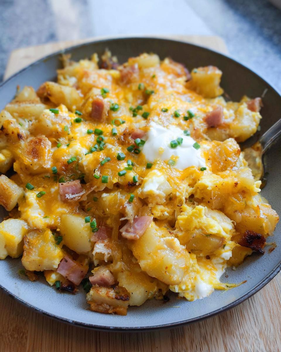 A close-up of a hearty Cheesy Potato Egg Scramble with chunks of potato, scrambled eggs, melted cheddar cheese, and diced ham, topped with chives and sour cream.