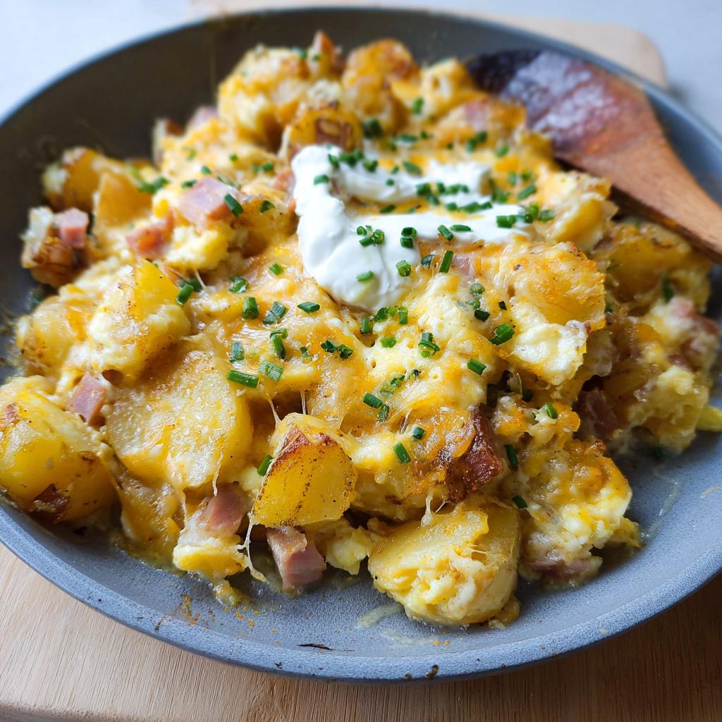 A close-up of a Cheesy Potato Egg Scramble with chunks of ham, topped with sour cream and chives.