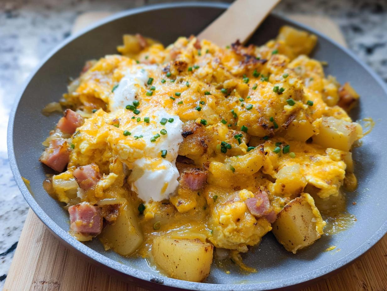 A close-up of a Cheesy Potato Egg Scramble in a pan, featuring diced potatoes, scrambled eggs, melted cheddar cheese, and ham, topped with sour cream and chives.