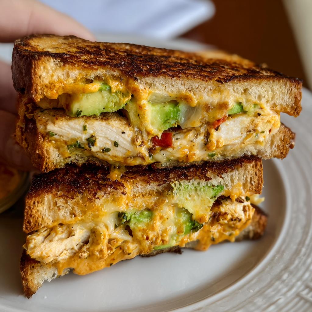 Close-up of a perfectly grilled CHICKEN AVOCADO MELT SANDWICH, showing layers of chicken, avocado, and melted cheese.