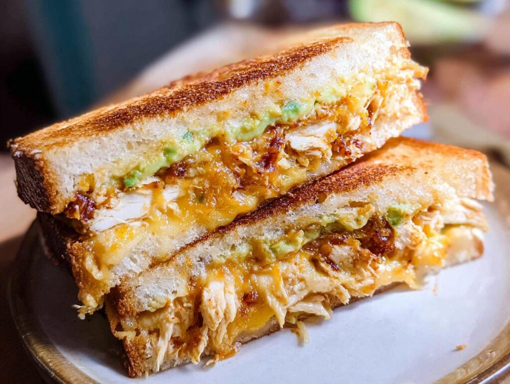 A close-up of a perfectly grilled Chicken Avocado Melt Sandwich, showing melted cheese, shredded chicken, and avocado.