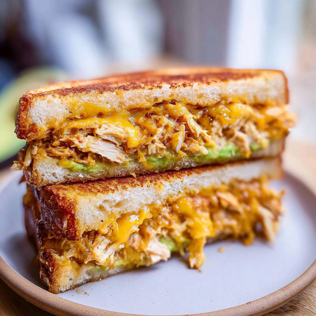 Close-up of a stacked Chicken Avocado Melt Sandwich, showing melted cheese and shredded chicken.