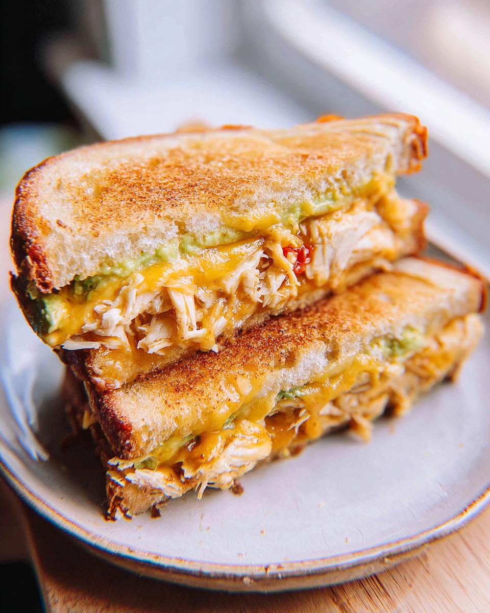 A close-up of a perfectly grilled Chicken Avocado Melt Sandwich, with melted cheese oozing out.