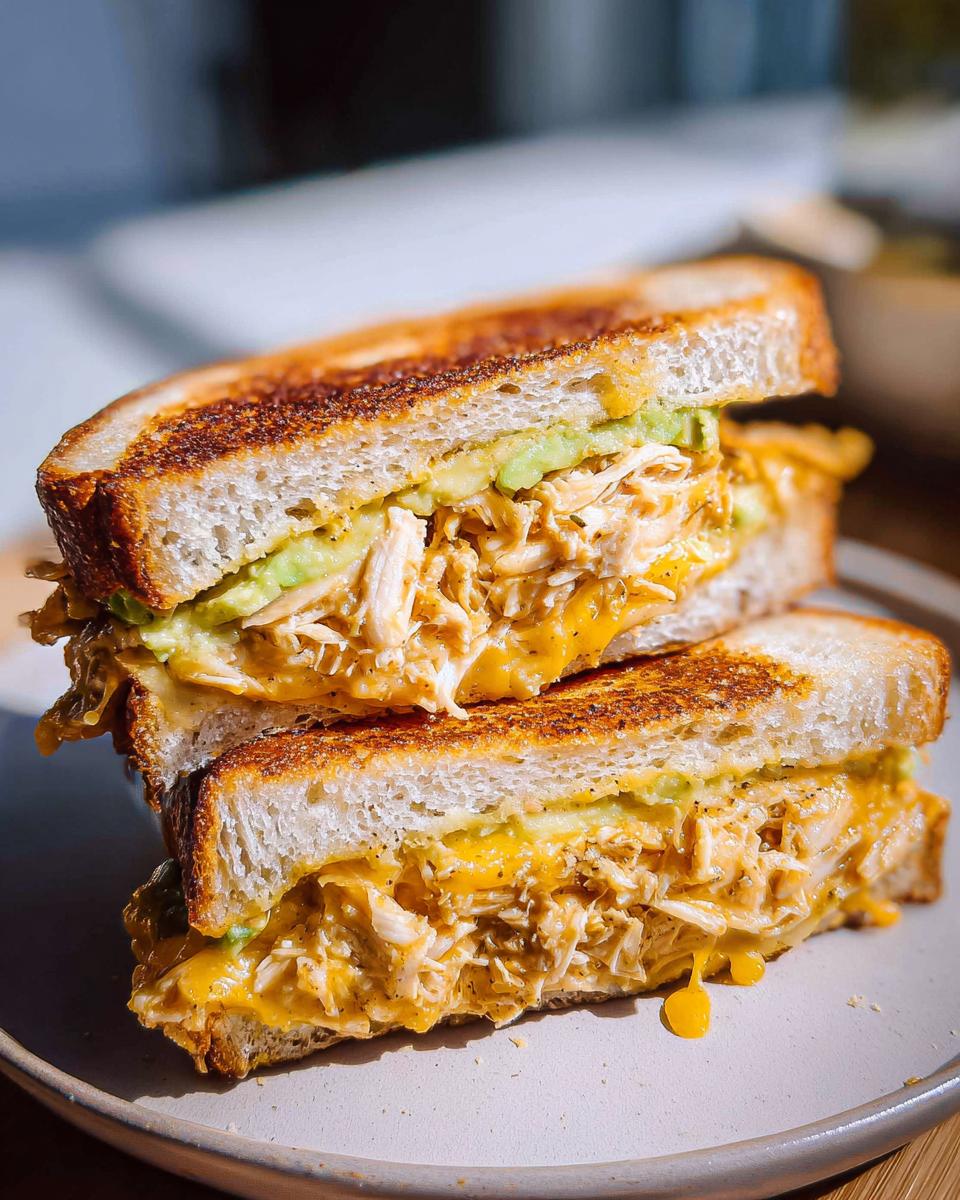 A close-up of a Chicken Avocado Melt Sandwich, perfectly grilled with melted cheese and fresh avocado.