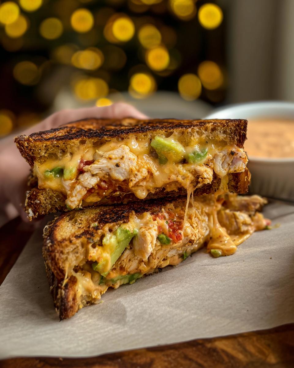 Close-up of a cheesy CHICKEN AVOCADO MELT SANDWICH, with grilled bread and visible avocado slices.
