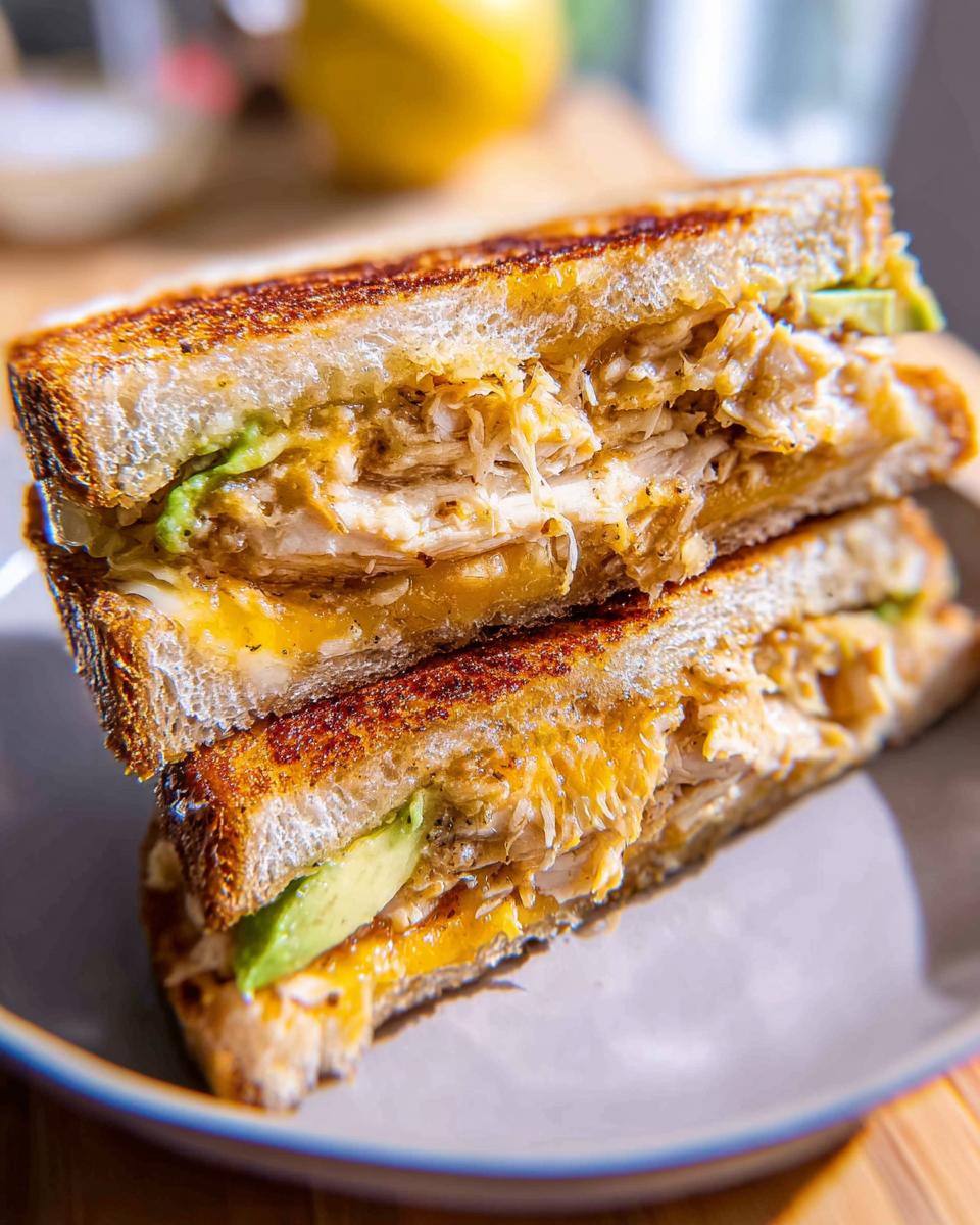 A delicious Chicken Avocado Melt Sandwich cut in half, showing shredded chicken, melted cheese, and avocado slices.