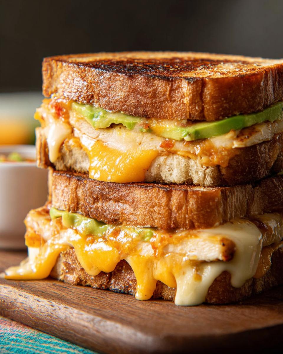 Close-up of a stacked Chicken Avocado Melt Sandwich with gooey melted cheese and fresh avocado slices.