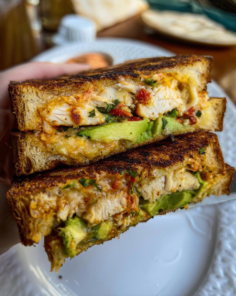 A close-up of a grilled CHICKEN AVOCADO MELT SANDWICH, showing layers of chicken, avocado, cheese, and sun-dried tomatoes.