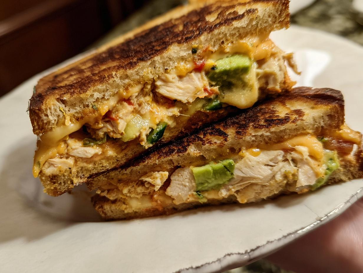 A close-up of a perfectly grilled CHICKEN AVOCADO MELT SANDWICH, oozing with melted cheese and filled with chicken and avocado.