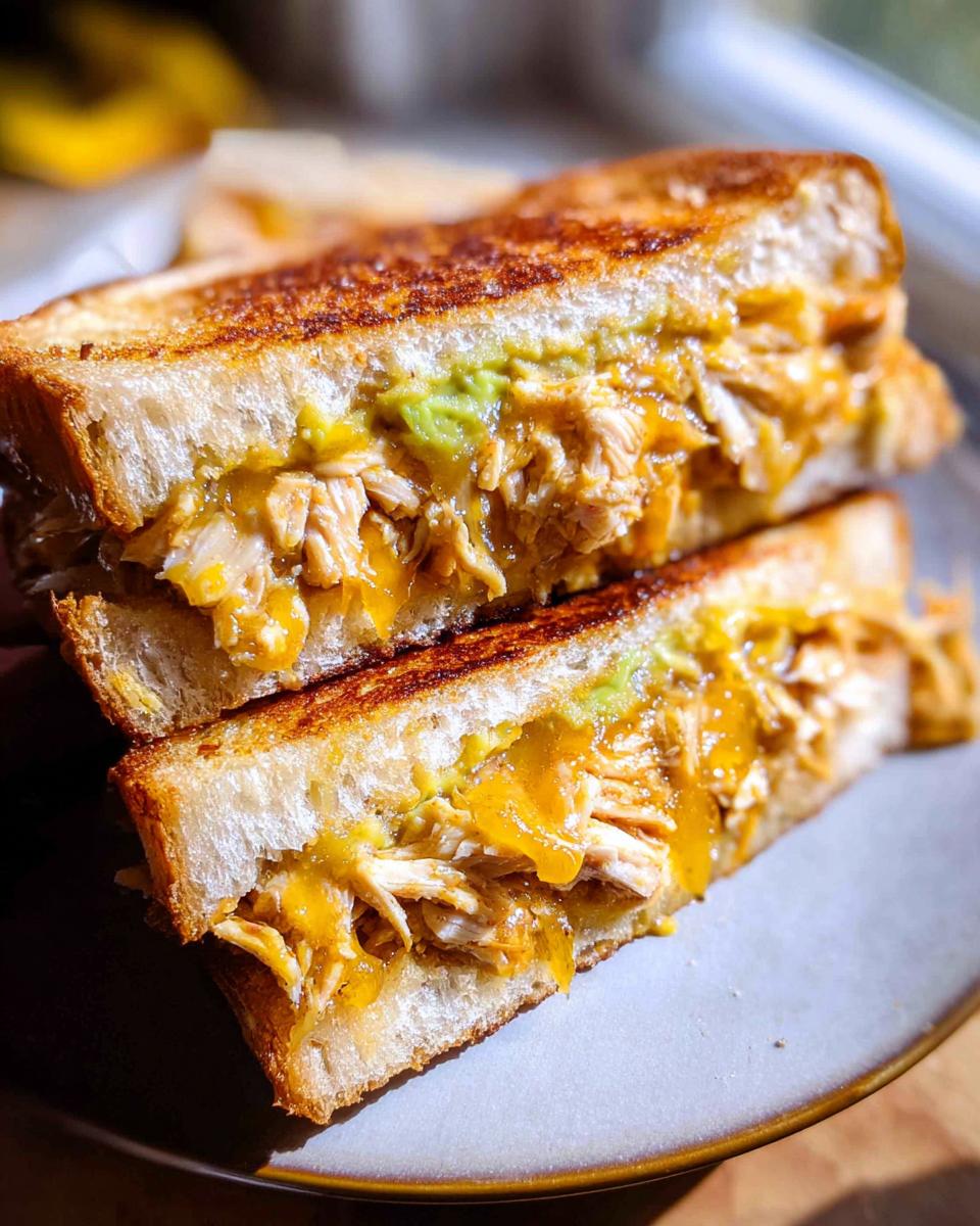 Close-up of a halved Chicken Avocado Melt Sandwich, showing shredded chicken, melted cheese, and avocado.
