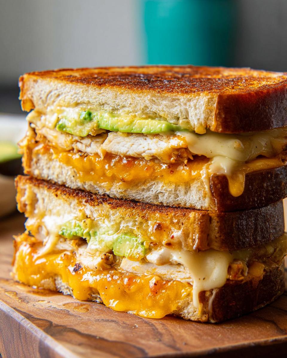 A tall stack of two halves of a Chicken Avocado Melt Sandwich, featuring toasted bread, melted cheese, chicken, and avocado slices.
