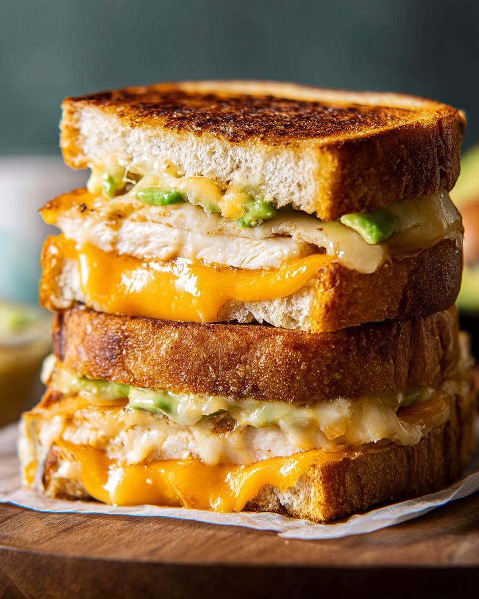 A tall stack of Chicken Avocado Melt Sandwiches, with melted cheese oozing out.