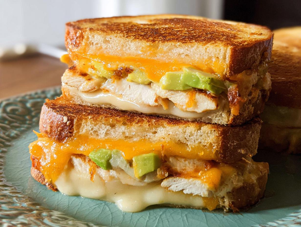 A stack of two delicious Chicken Avocado Melt Sandwiches, with melted cheese and fresh avocado visible.