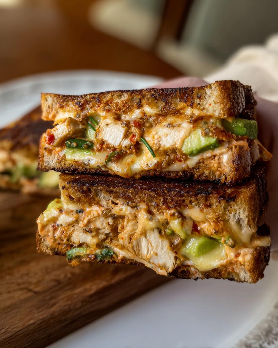 Close-up of a perfectly grilled CHICKEN AVOCADO MELT SANDWICH, showing melted cheese, chicken, and avocado.