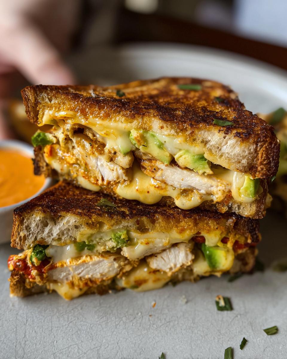Close-up of a stacked CHICKEN AVOCADO MELT SANDWICH with melted cheese and avocado slices.