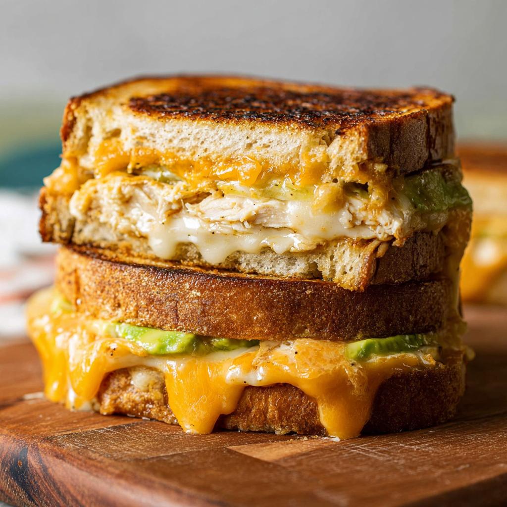 A stacked Chicken Avocado Melt Sandwich with melted cheese and avocado slices on toasted bread.