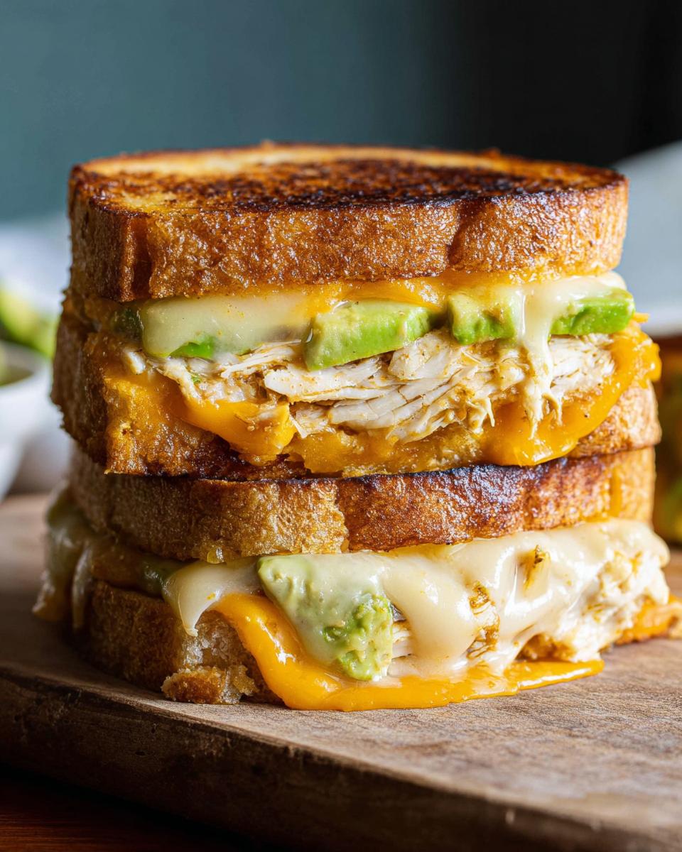 A stacked Chicken Avocado Melt Sandwich with melted cheese and avocado slices on toasted bread.