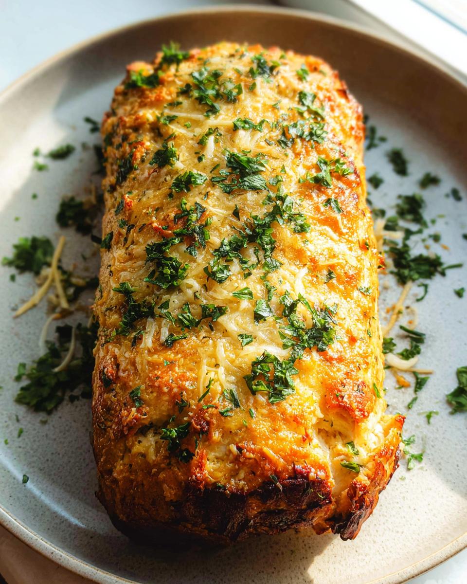 A close-up of a golden-brown baked Chicken Avocado Ranch Burrito, topped with melted cheese and fresh parsley.