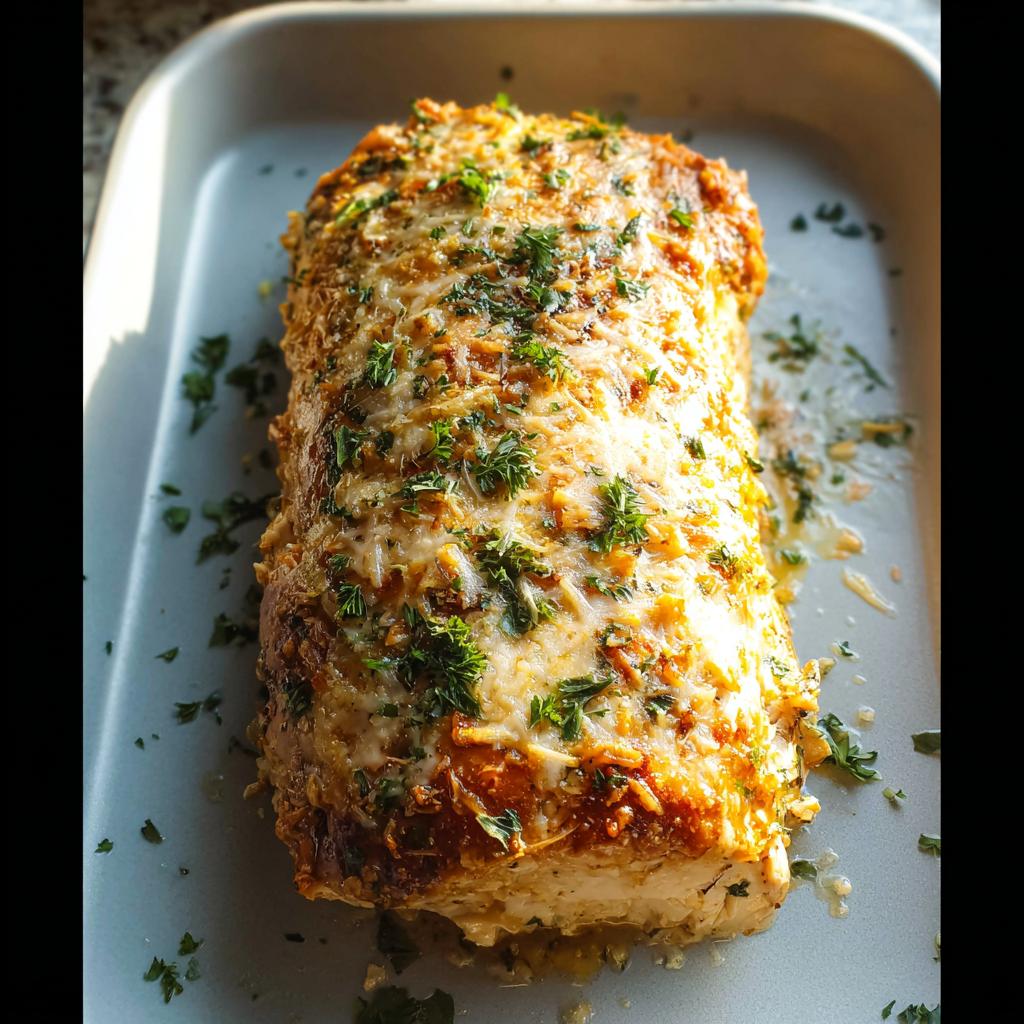 Close-up of a golden-brown baked Chicken Avocado Ranch Burrito, topped with melted cheese and fresh parsley.