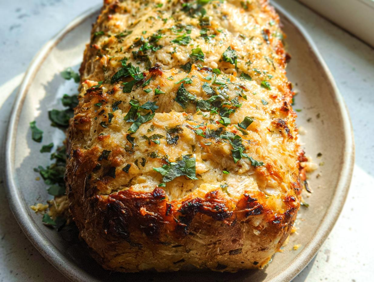 A close-up of a golden-brown baked loaf, likely a meatloaf or casserole, topped with chopped fresh parsley. This image represents Chicken Avocado Ranch Burritos.