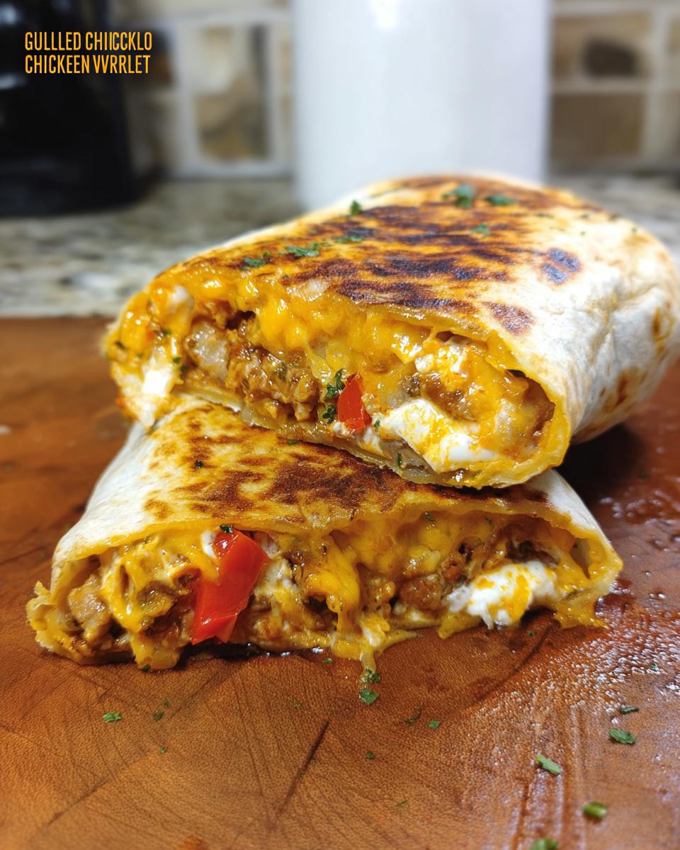 A close-up of a Chicken Crunch Wrap, cut in half, revealing melted cheese, chicken, and red bell peppers.