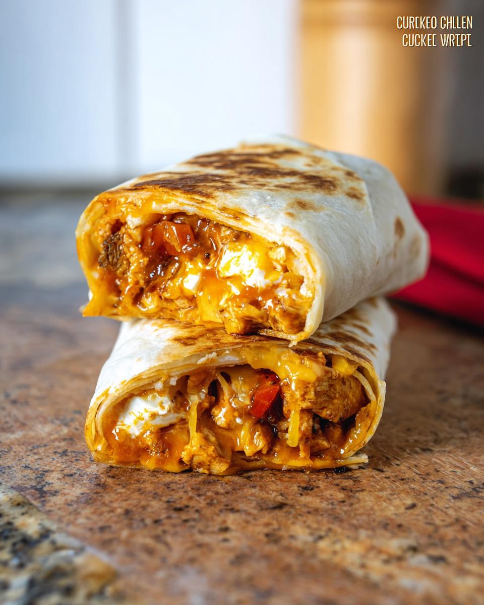 A Chicken Crunch Wrap cut in half, revealing shredded chicken, melted cheese, and a creamy filling.