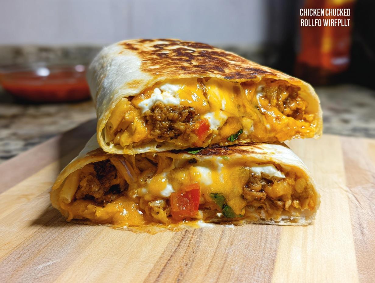 A close-up of a Chicken Crunch Wrap cut in half, revealing seasoned chicken, melted cheese, and a creamy filling.