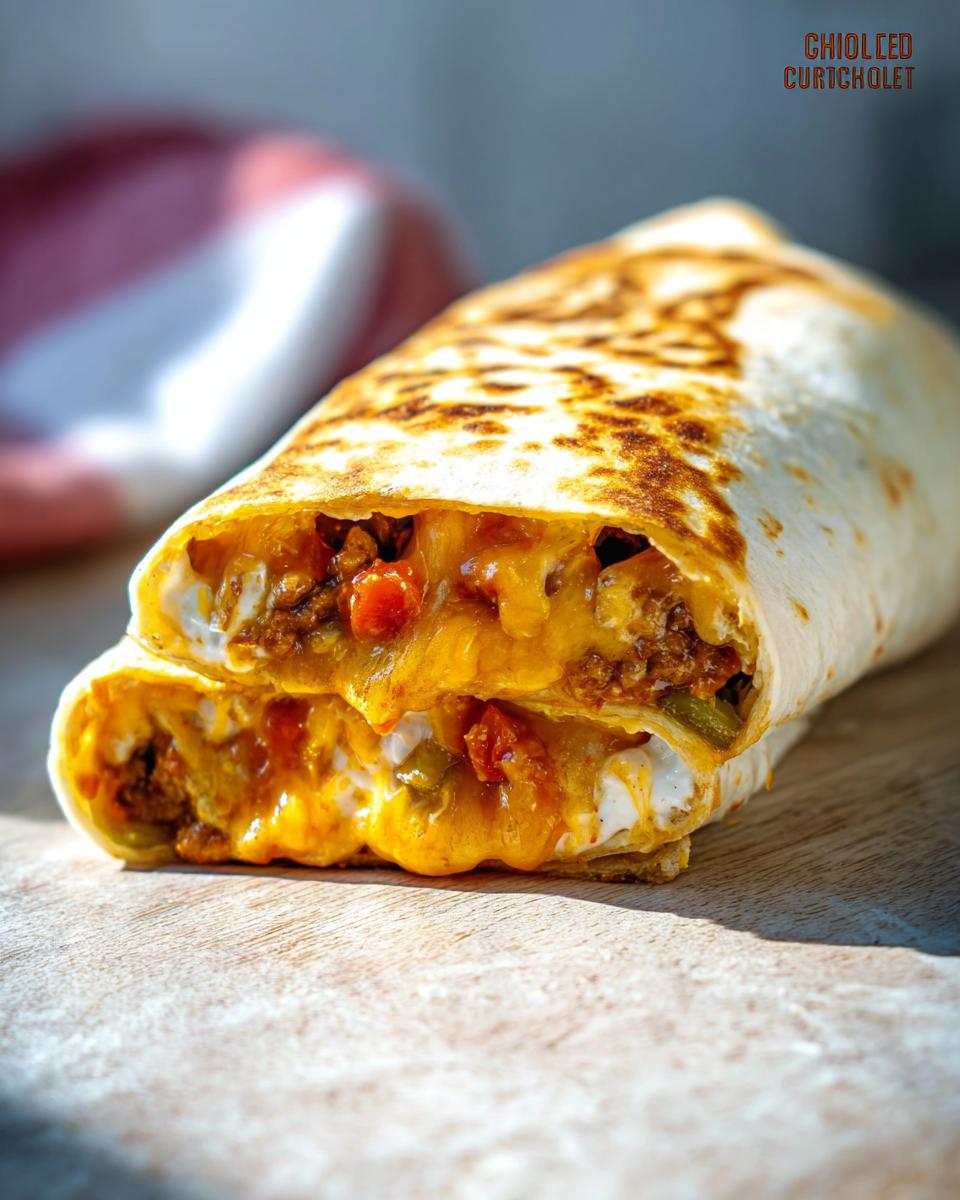 A close-up of a Chicken Crunch Wrap cut in half, revealing seasoned chicken, melted cheese, and vegetables.