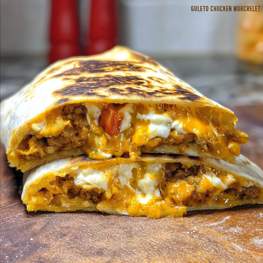 A close-up of a Chicken Crunch Wrap cut in half, revealing seasoned chicken, melted cheese, and white cheese filling.