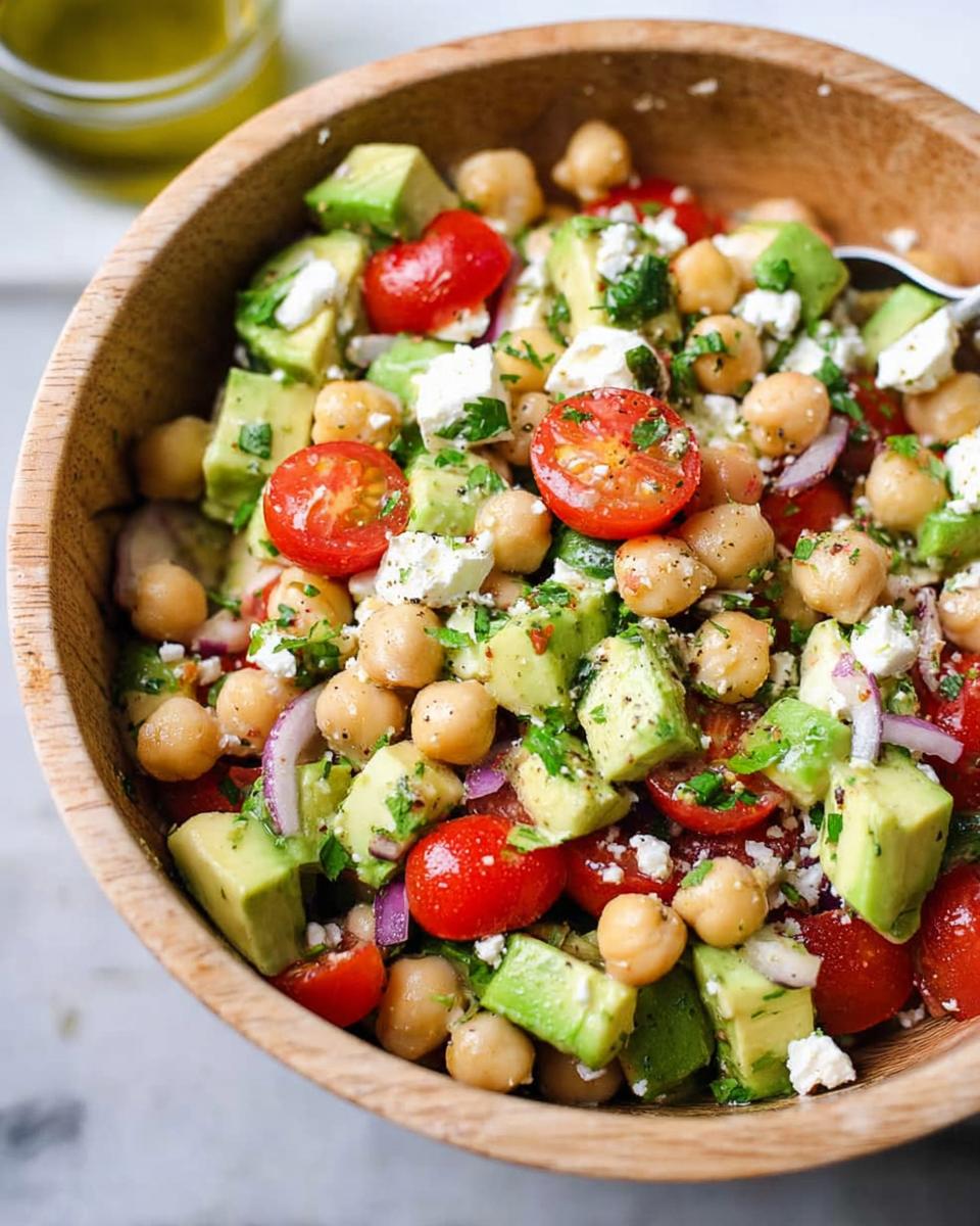 A vibrant bowl of Chickpea Feta Avocado Salad with cherry tomatoes, red onion, and fresh herbs.
