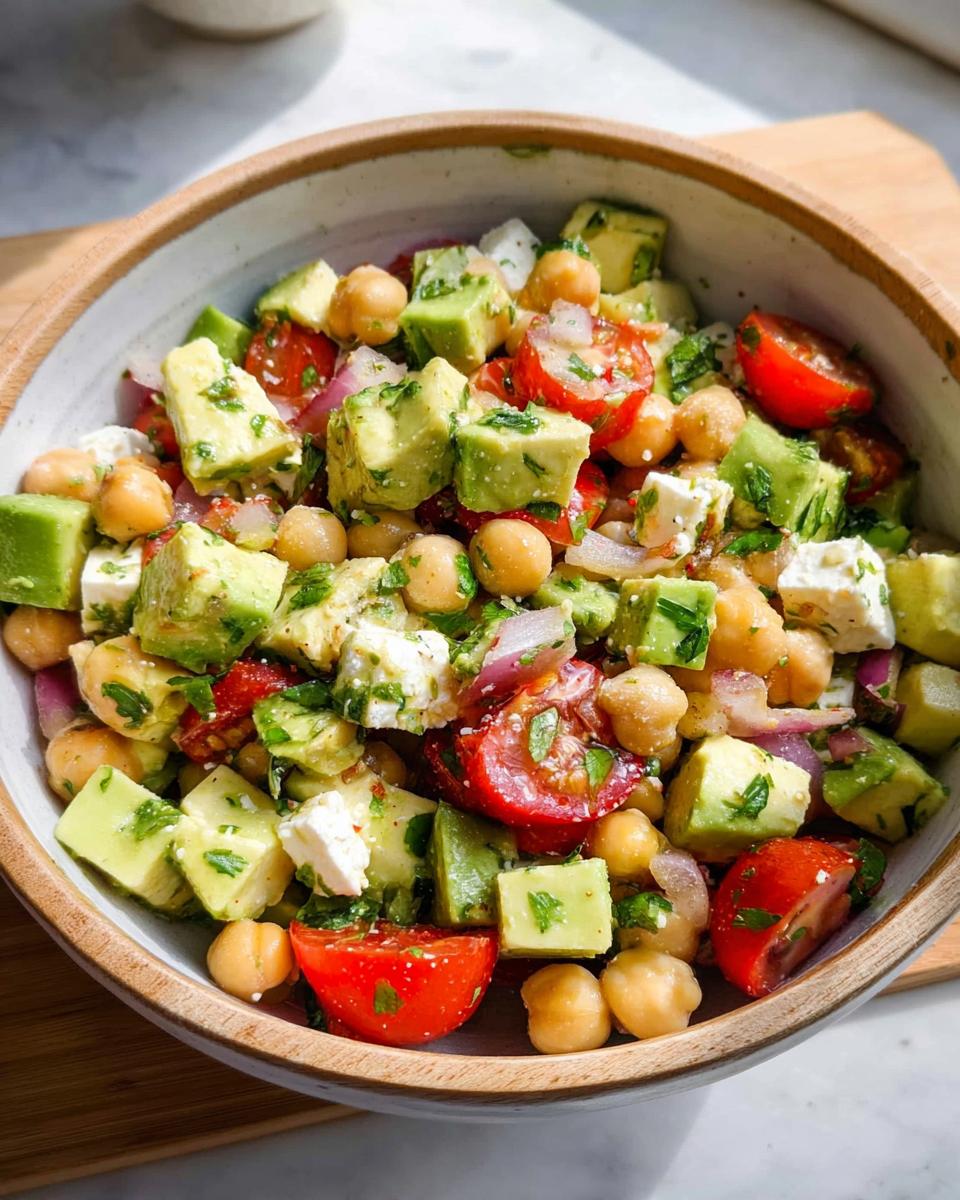 A vibrant bowl of Chickpea Feta Avocado Salad, featuring diced avocado, feta cheese, cherry tomatoes, chickpeas, and red onion.