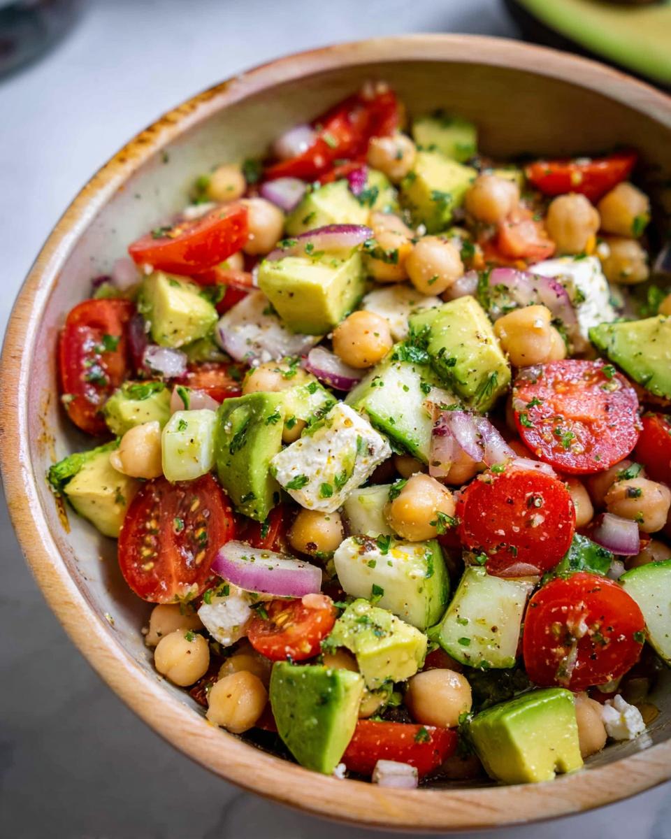 Close-up of a vibrant Chickpea Feta Avocado Salad in a wooden bowl, featuring diced avocado, tomatoes, feta cheese, chickpeas, and red onion.