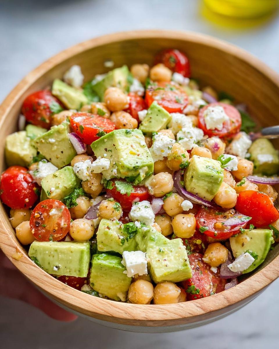 A vibrant bowl of Chickpea Feta Avocado Salad with cherry tomatoes, red onion, and fresh herbs.