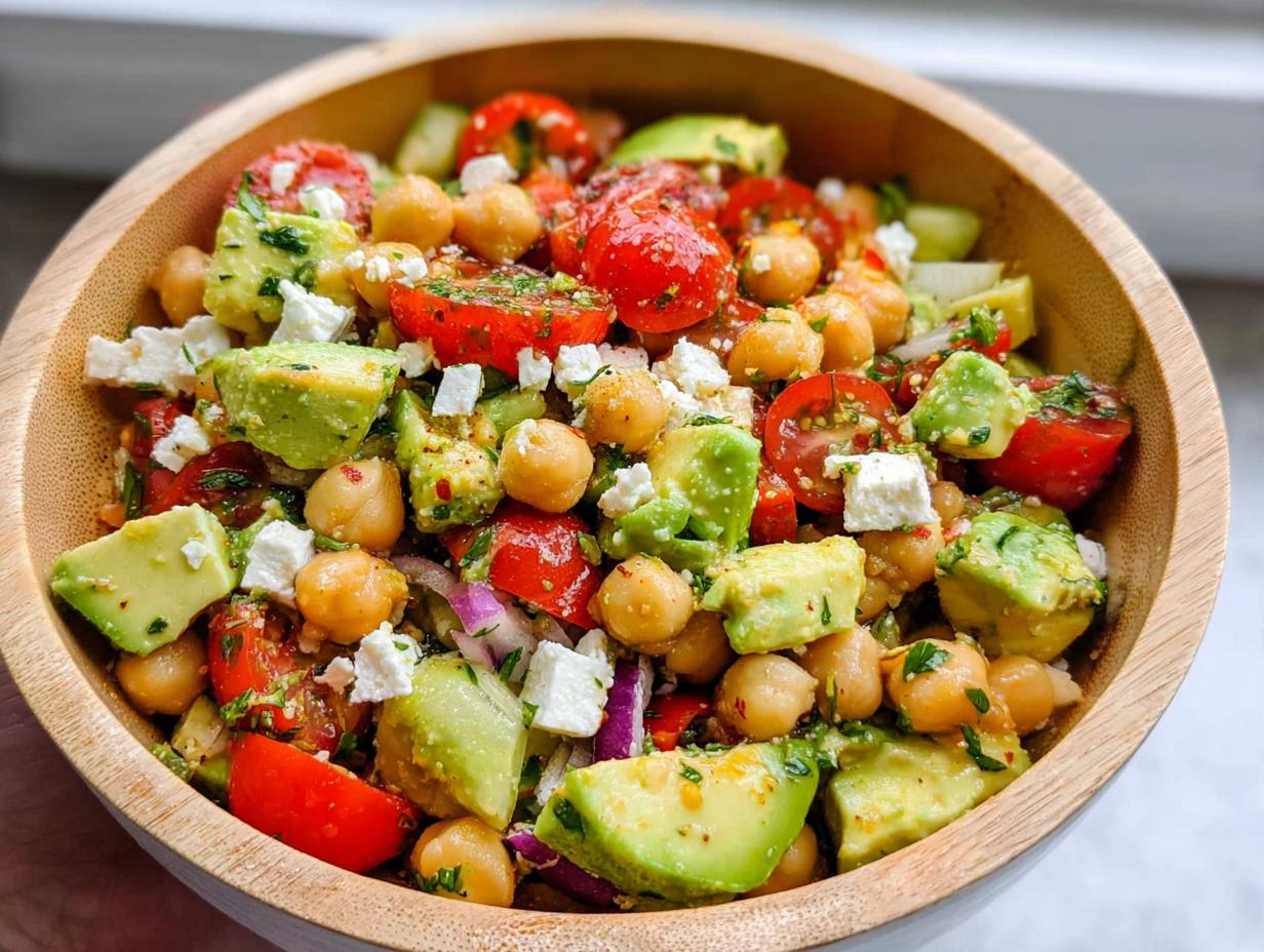 A vibrant Chickpea Feta Avocado Salad with cherry tomatoes, red onion, and herbs in a wooden bowl.