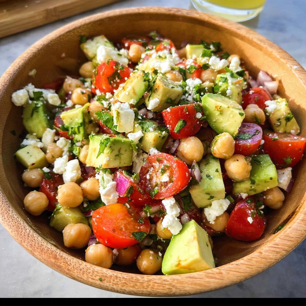 A close-up of a vibrant Chickpea Feta Avocado Salad in a rustic wooden bowl, featuring fresh avocado, cherry tomatoes, feta cheese, and chickpeas.